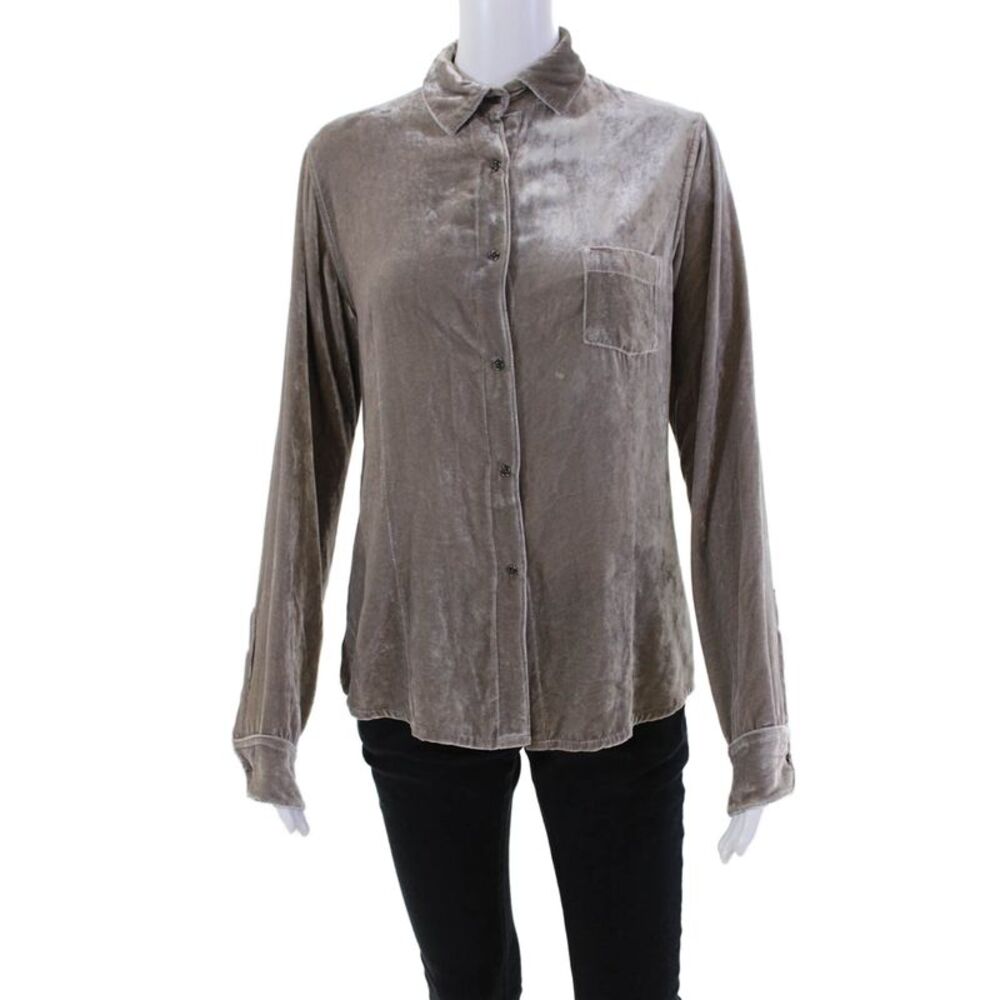 Designer Womens Collared Long Sleeve Snap Closure Blouse Beige Size M